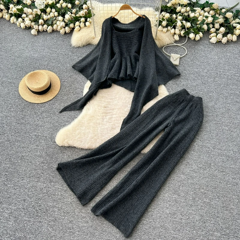 

Комплекты брюк из трех предметов, кардиган, жилет, широкие брюки, костюм с высокой талией, повседневный свитер, пальто, вязаное пальто с длинными рукавами, осень 2025 г.