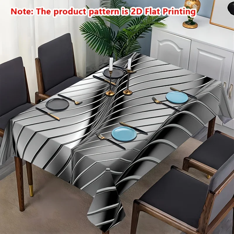 VIKAMA Modern Metallic Silver Black 3D Facet Rectangular Tablecloth Washable Cover for Dining Room Kitchen Holiday Home Decor