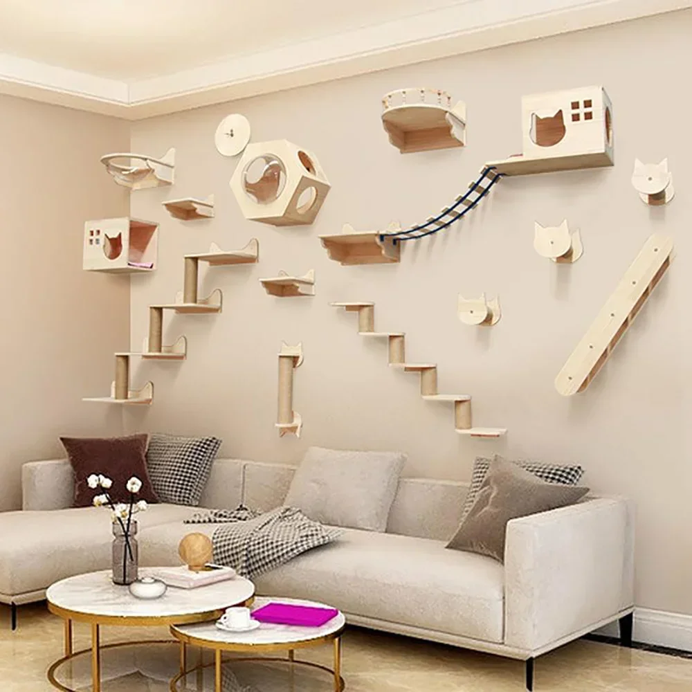 Wall Mounted Solid Wooden Cat Climbing Frame Hammock Scratching Post Shelf with Sisal Jumping Platform Ladder Steps Furniture view 2
