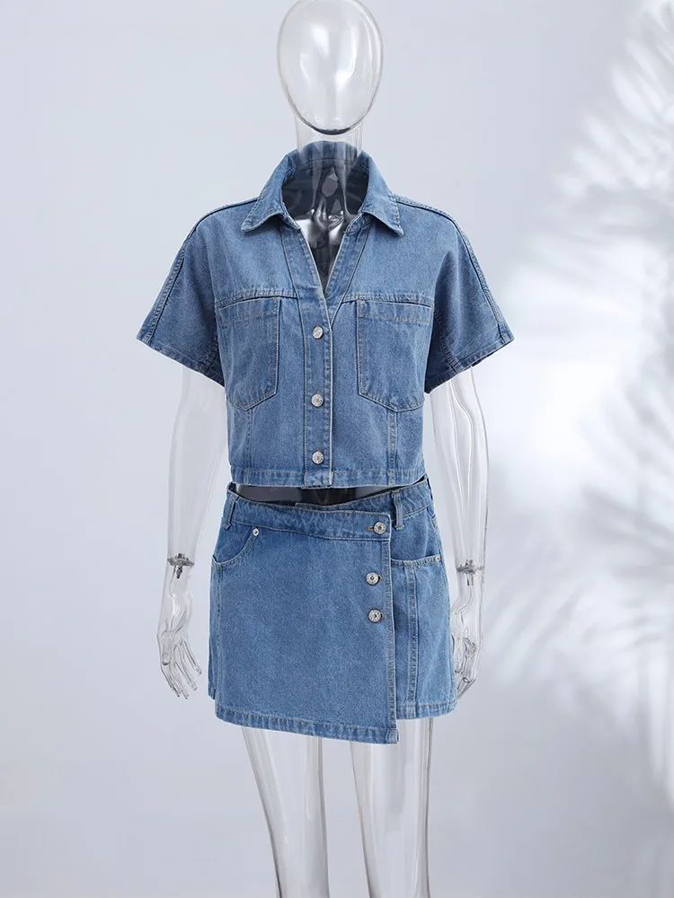 Denim-Kurzarm-Crop-Top und Skort-Set für Damen, Sexy V-Ausschnitt, Einreihige Oberteile, Hochgeschnittene Culottes, Schicke Damen-Partykleidung, Neu – Detail 4