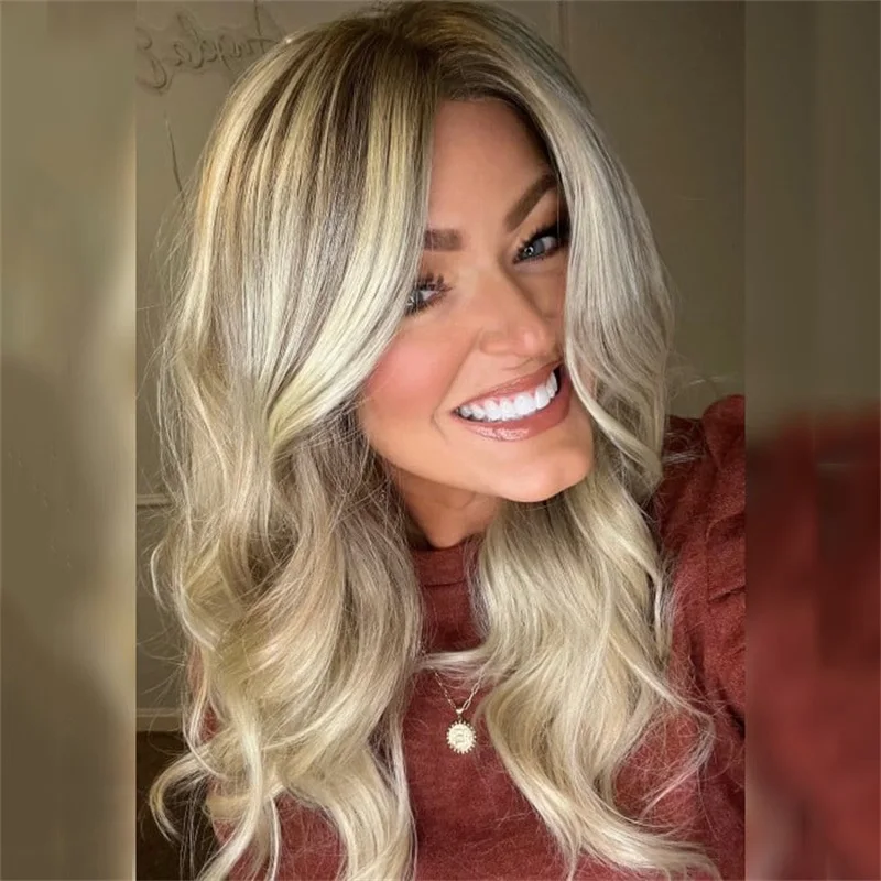 White Blonde Balayage Wavy Synthetic Lace Front Wig for Women Loose Wave Light Weight Cosplay Wig Heat Resistant Fibre Daily Use