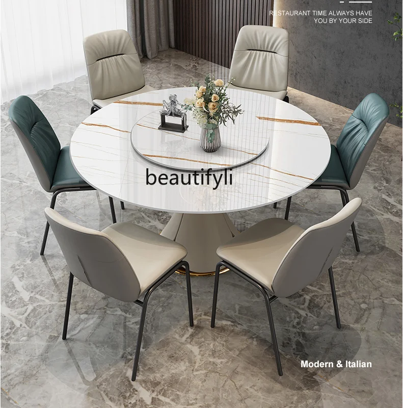 Italian Light Luxury Stone Plate Dining Tables and Chairs Set Small Apartment Solid Wood Simplicity Marble round Modern