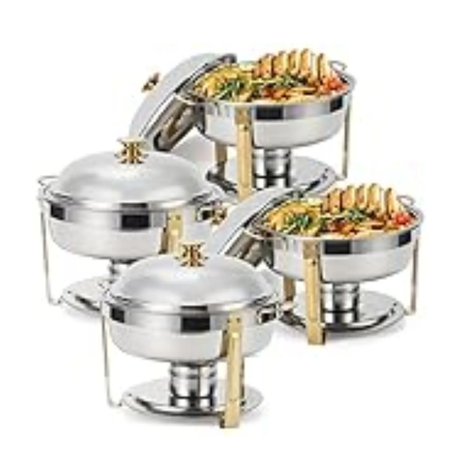 5QT 2/4 Pack Gold Round Chafing Dish Food Warmer Set with Stainless Steel Lid Fuel Can Home Party Hotel Buffet Gas Fuel Food Pan