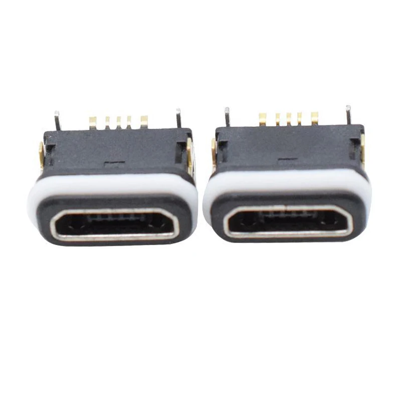 10pcs Micro USB socket four pin plug-in board horizontal SMT connector IP68 waterproof micro 5P female seat with waterproof ring