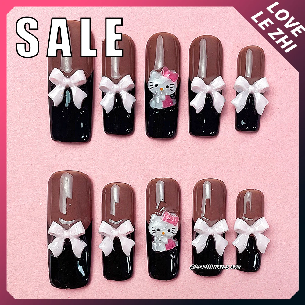 

Sales Promotion 10Pcs Spice Girl Sanrio Black French Long Coffin Press On Nails Hello Kitty 3D Pink Bowknot Full Cover Nail