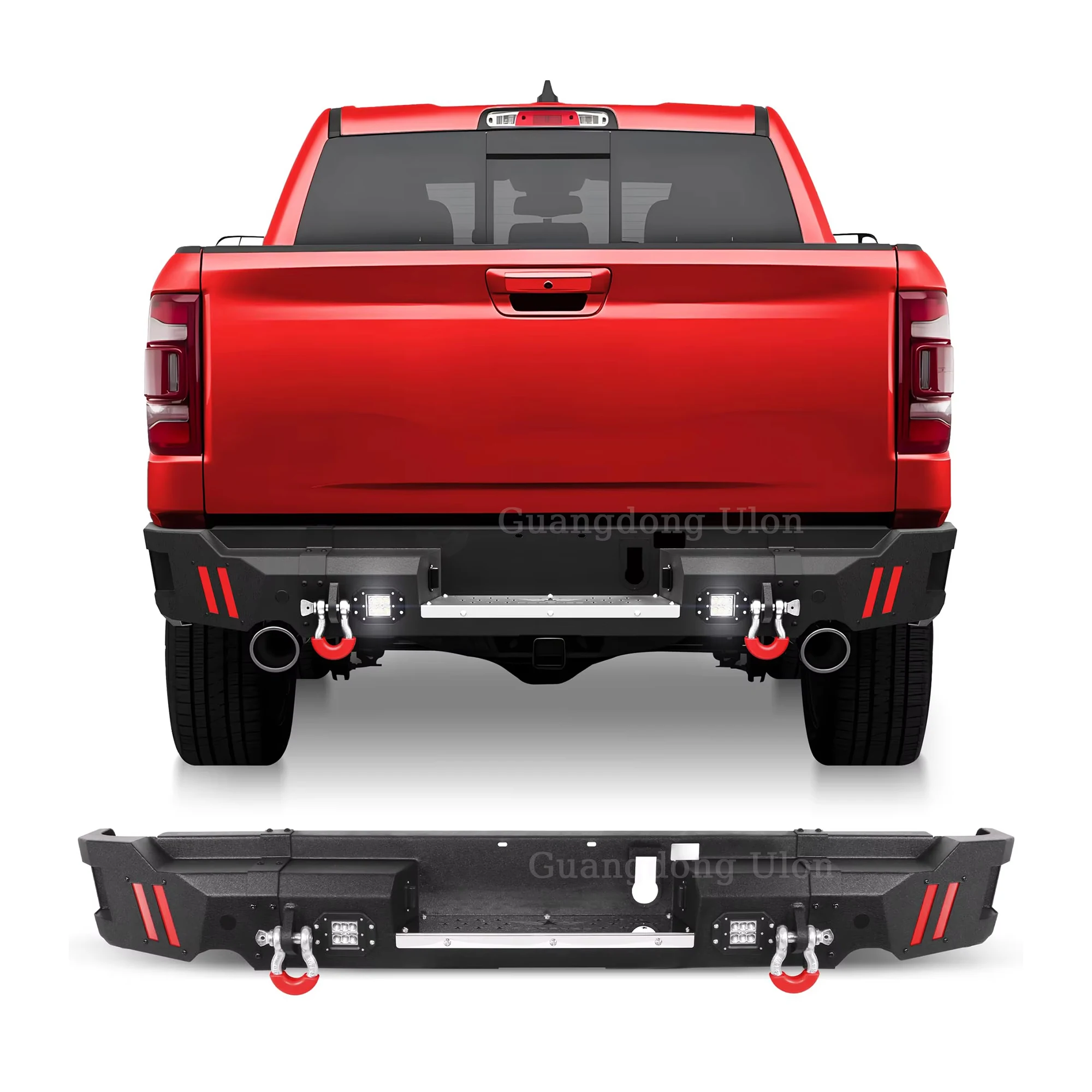 

Задний бампер подходит для Ram 1500 2019-2023, бампер для пикапа с ступенчатой пластиной, подсветкой, отверстиями для датчиков и D-образными кольцами (берите Classic)