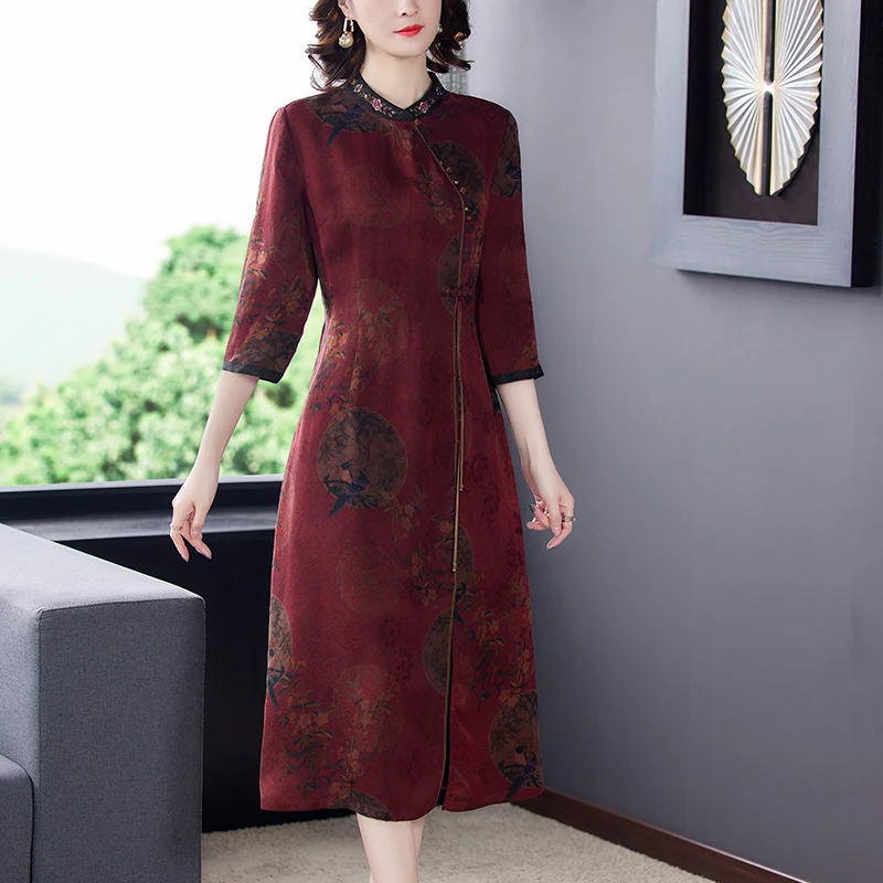 

Autumn Fashion Versatile Silk Dress Women's Improved Qipao Mulberry Silk Bottom Skirt 2023 New Loose Tight Holiday Party Vestido