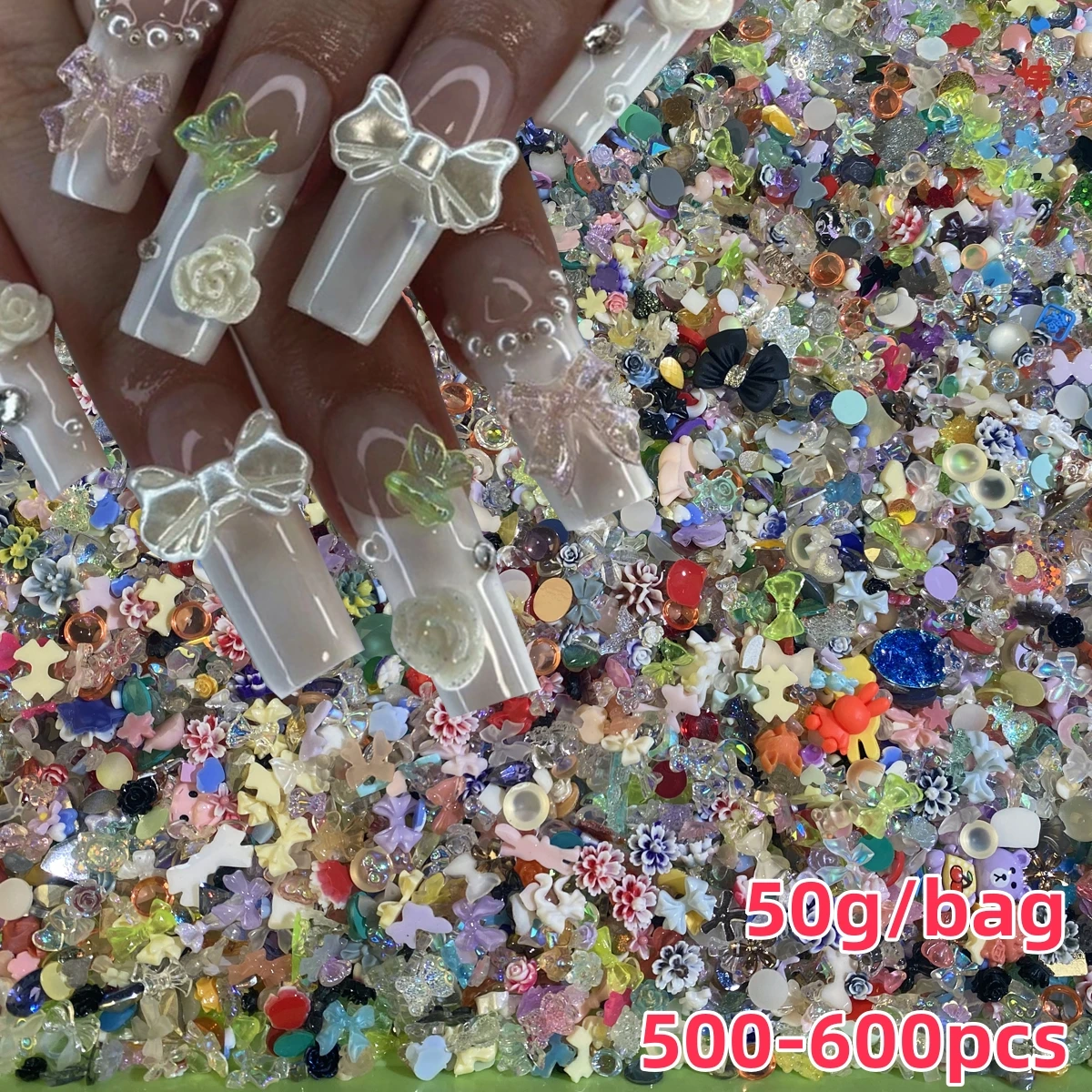 

500-600pcs Mixed Bowknot Heart Flowers Nail Charms 3D Candy Colors Mixed Kawaii Resin Nail Art Rhinestones Korean Manicure Parts