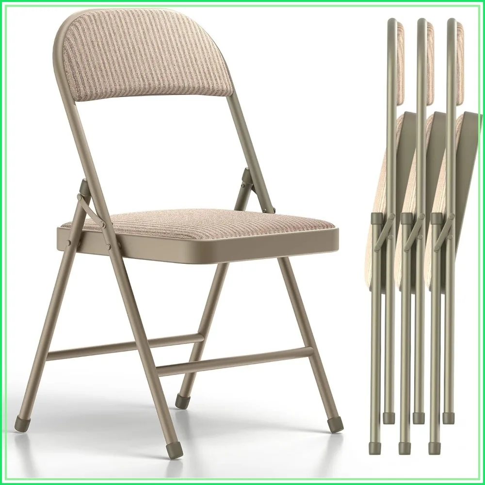 4 Pack Folding Chairs with Padded Cushion, Fabric Dining Seats for Indoor Outdoor Use, Oatmeal Strip