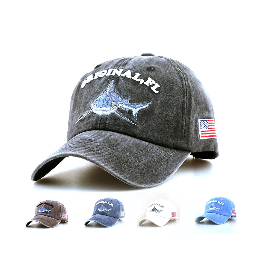 FL Shark Embroidery Baseball Cap, Vintage Washed Camping Hat with an American Flag Emblem, Available in Multiple Colors.