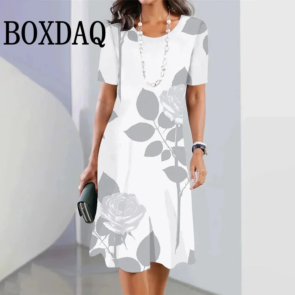 Summer Fashion Beach Style A-Line Midi Dress Women Elegant Flower Print Short Sleeve Dress Women's Vintage Spring Loose Sundress