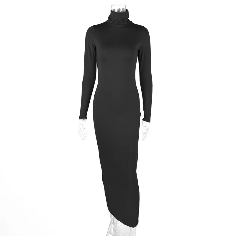 Herbst Winter Sexy Hochgeschlossenes Schlankes Bodycon Maxikleid Damen Langarm Einfarbiges Enges Abendkleid Club Party Vestidos – Detail 11