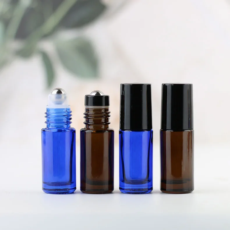 50PCS/lot 5ml Brown Roll-On Bottle Blue Glass Essential Oil Bottle Portable Perfume Cosmetic Containers Refill Perfume Bottle