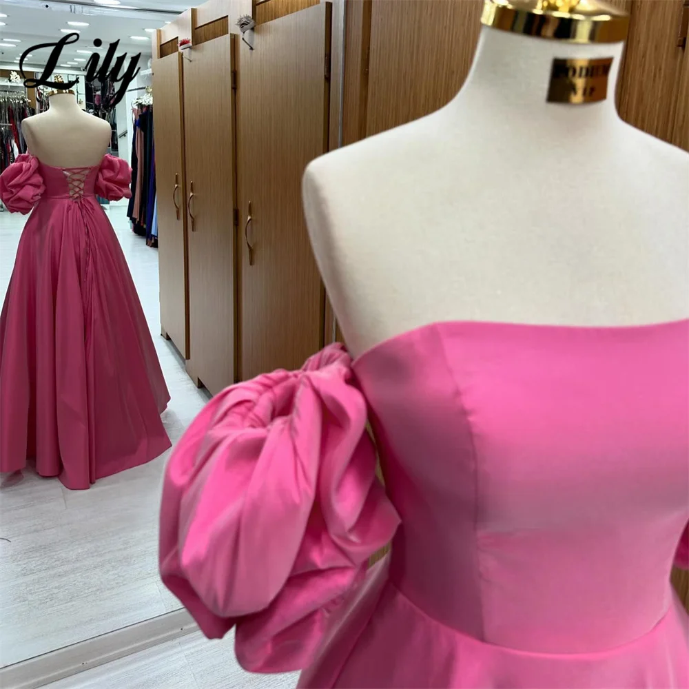 Lily Off the Shoulder Formal Dresses Pink Puffy Sleeves Party Dress For Wedding Stain A Line Special Occasion Dress robe soirée