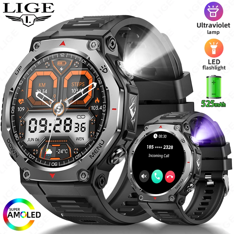 

LIGE Новые умные часы с фонариком/УФ-светом, 525 мАч, длительный срок службы батареи, 5 атм, водонепроницаемые, Bluetooth, спортивные, фитнес-умные часы