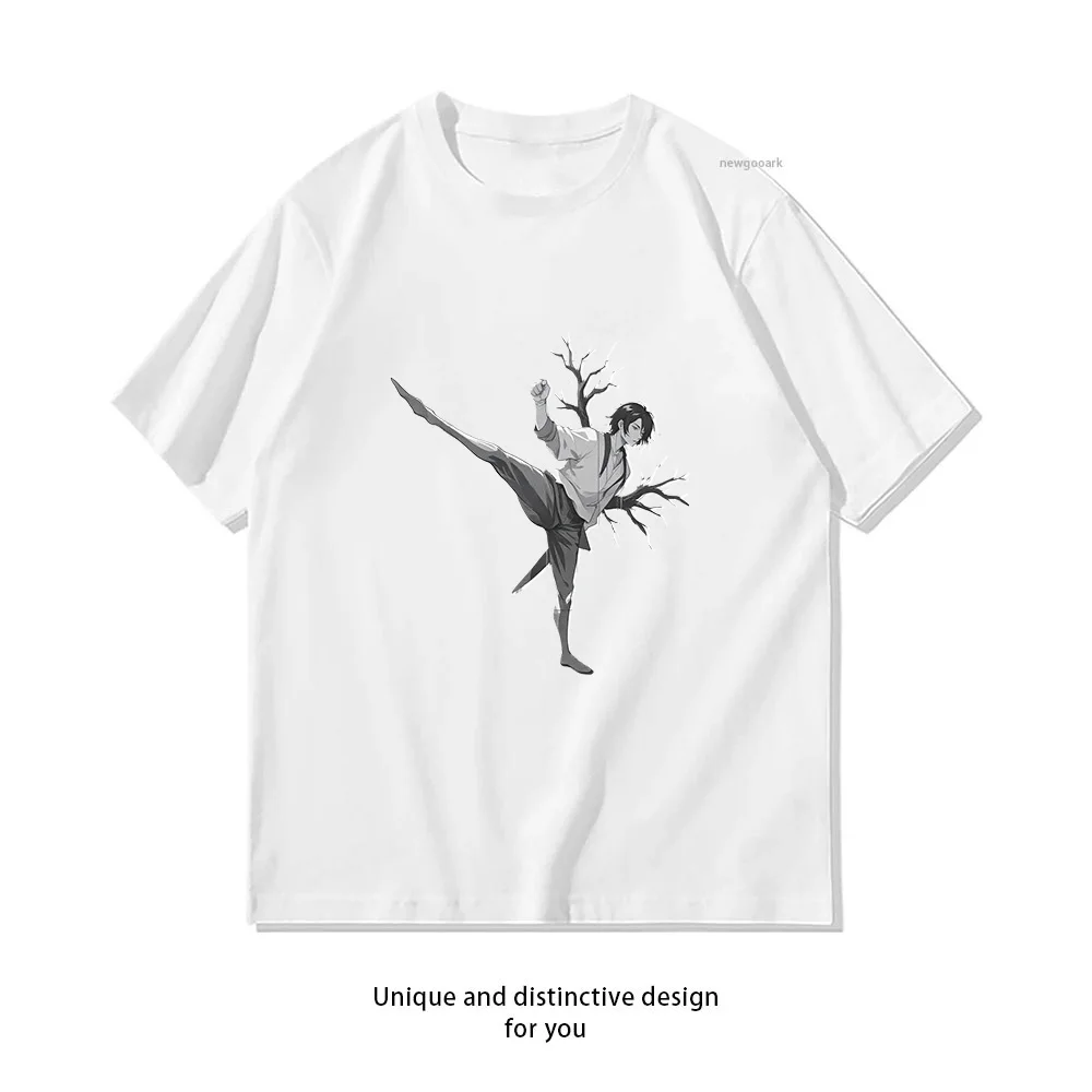 Martial Arts Kick Anime Character T-Shirt Design  Casual Cotton Short Sleeve Tee for Men Women