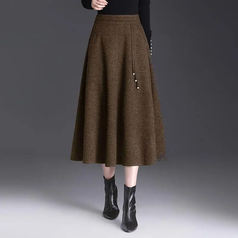 

Autumn and Winter Slimming Black Long A-line Dancing High-waisted Woolen Brown Skirt