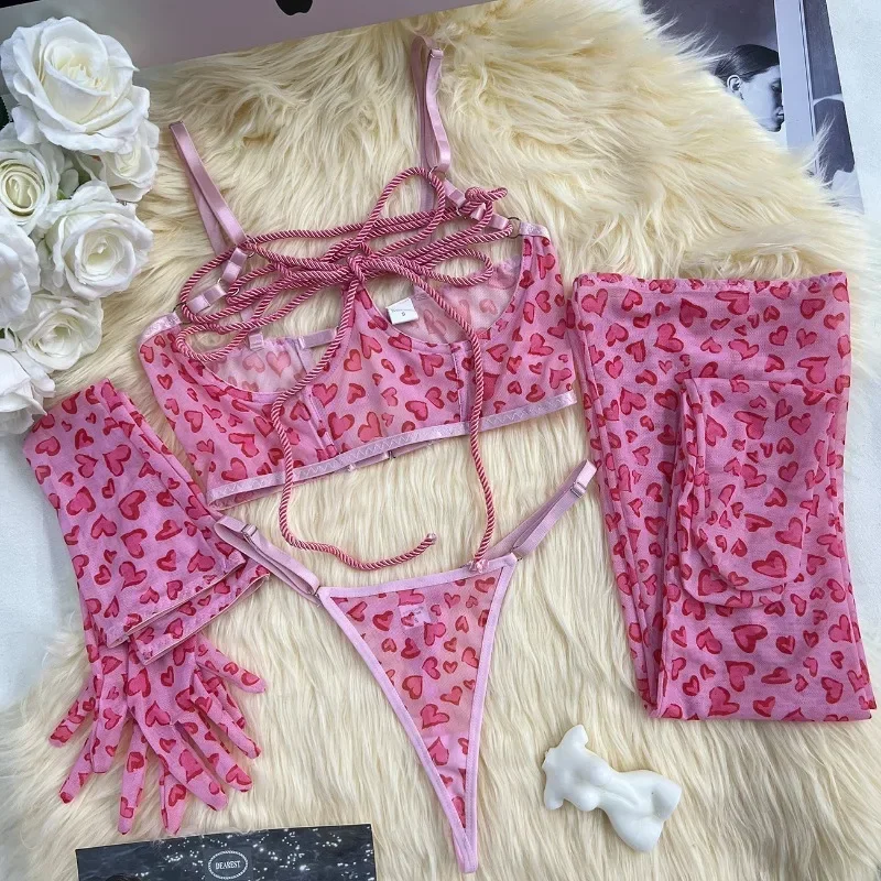 Toucheart Sexy Heart Shape Bondage Lingerie Set Women Gloves and Stockings Underwear Lace Up Patchwork Sexy Hollow Out Bra Suit