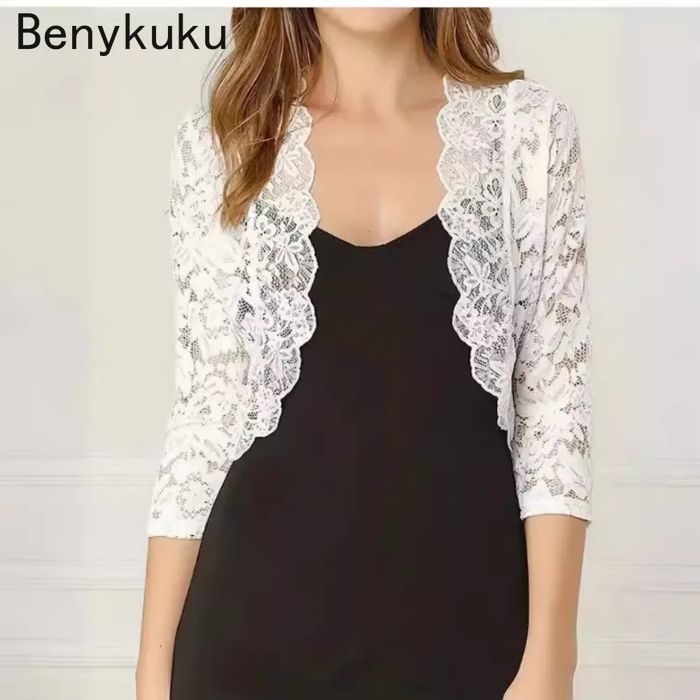 Černobílé bolerko s rameny 2025 Letní oblečení Dámský květinový krajkový kardigan Průsvitný vroubkovaný 3/4 rukáv Crop Top - náhled 5