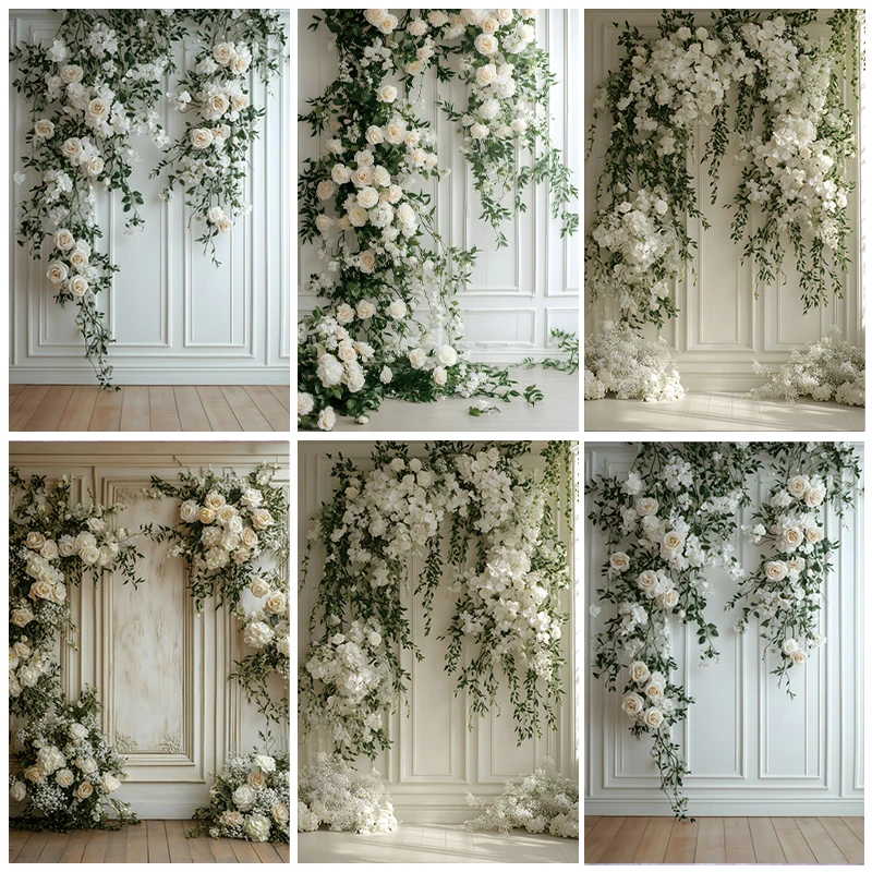 

Wedding Party Photography Backdrop White Flowers European Wall Little House Bridal Portrait Background Decor Photo Studio Props