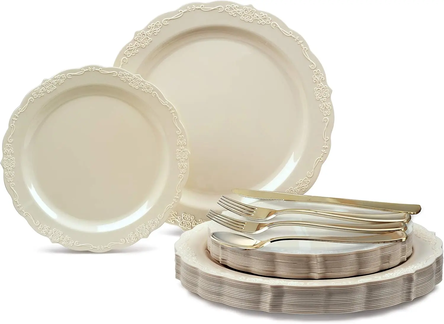 

150-Piece Vintage Disposable Dinnerware Set for 25 Guests, Ivory Plates with Silverware
