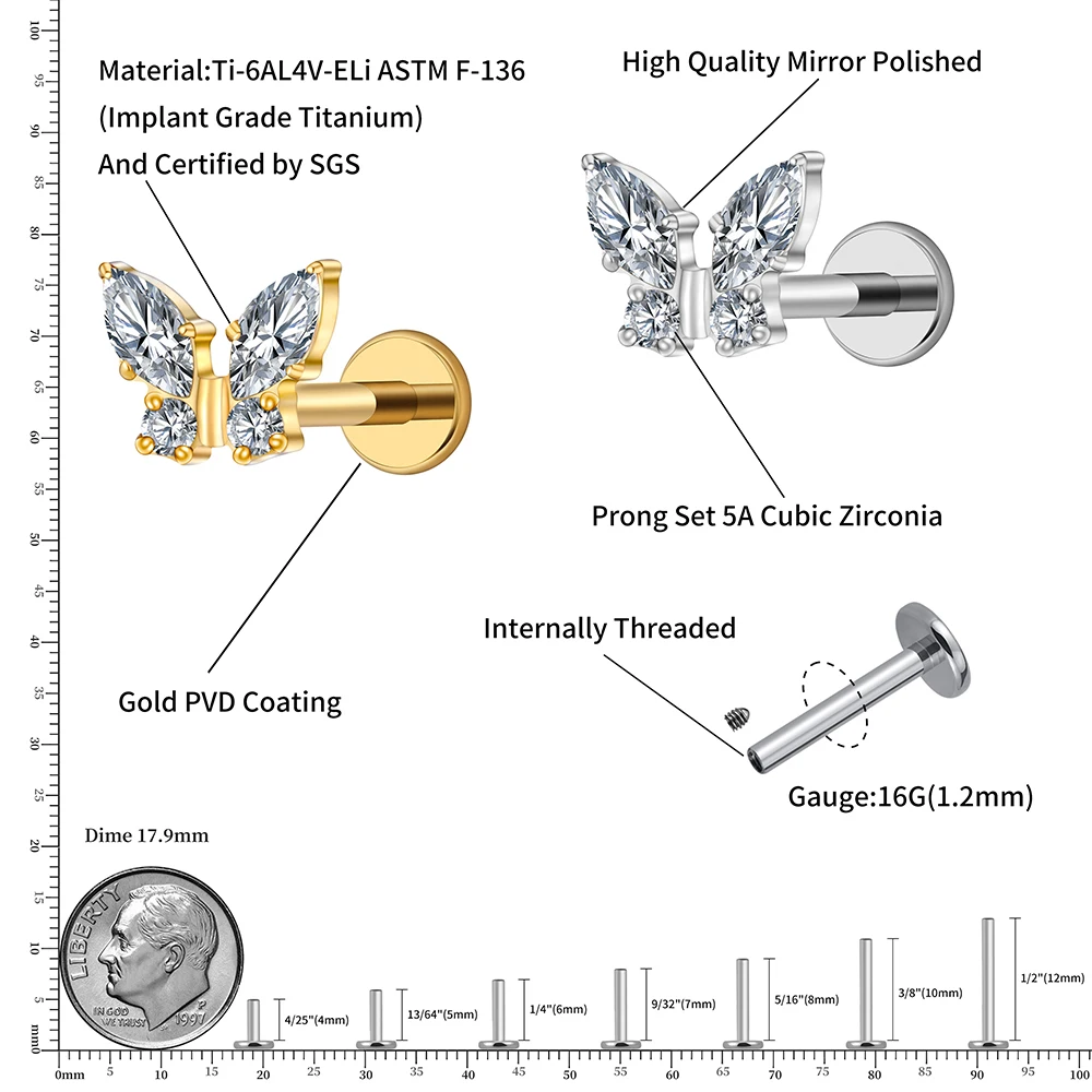 Right Grand ASTM F136 Titanium 16G Mini Butterfly CZ Labret Tragus Cartilage Conch Forward Helix Stud Nose Piercing Body Jewelry