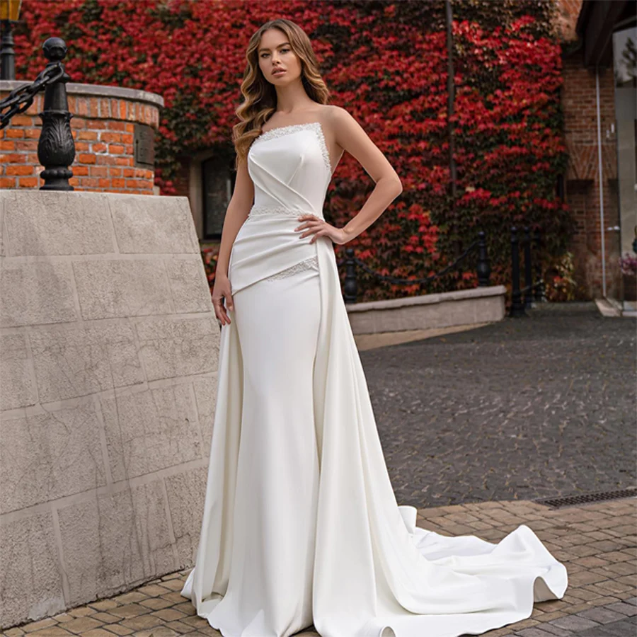 

Off-Shoulder Sleeveless Satin Wedding Dresses A-Line Backless And Corset Bridal Gowns With Train vestido de noiva