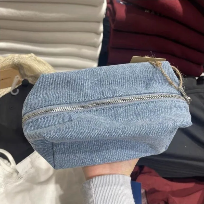 Retro Blue Denim Sweet Storage Bag Women Mini Bag Solid Zipper Cute Makeup Bag Rectangle Student Pencil Bag Chic Coin Purse New