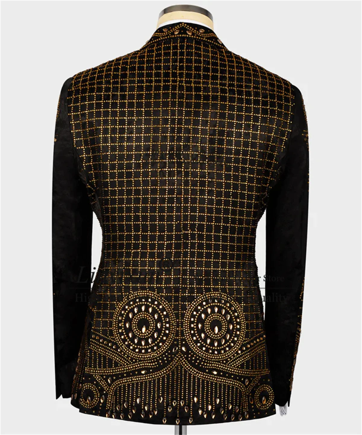 الذهب الأسود أصيلة المطرزة البدلات الرسمية الرجال الدعاوى مخصصة موضة الجاكار الذكور حفلة موسيقية السترة 2 قطعة مجموعات pantalones hombre