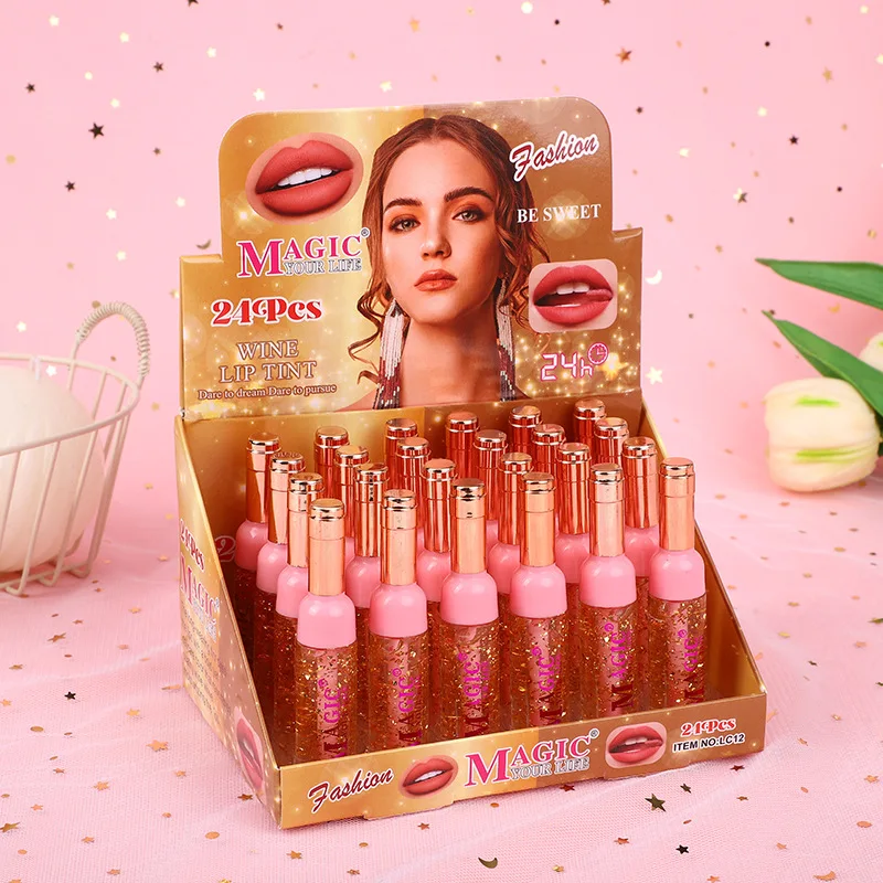 24pcs Red Wine Lip Oil 6 Colors Set Color Changing Lip Gloss Woman Longlasting Nonstick Lip Tints Lips Makeup Wholesale