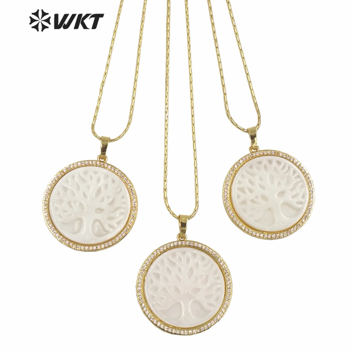 

WT-MN981 Amazing Unique Energy Round Life Tree With Cubic Zircon Setting Lucky Shell Pendant Necklace