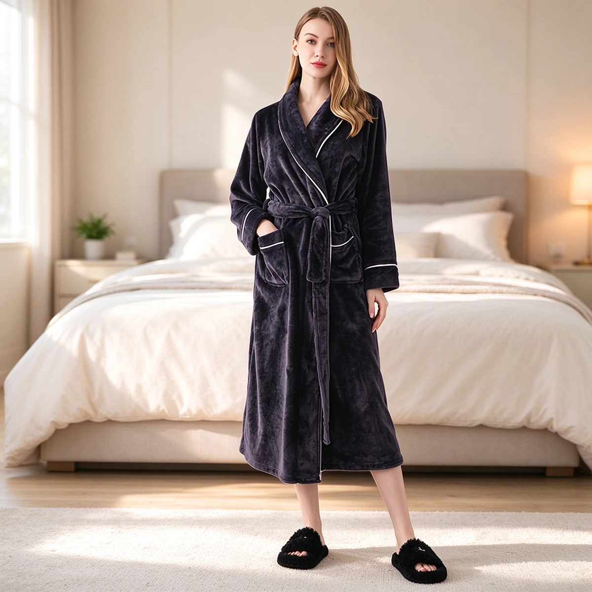 Paar-Bademantel für Damen und Herren, Flanell-Fleece-Morgenmantel, dicker, warmer Plüschmantel mit Schalkragen und Gürtel, Winter-Schlafanzug, Loungewear – Detail 16