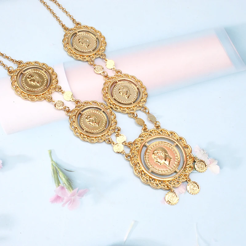 New Women\'s Jewelry Set Large Size Turkish Coin Pendant Muslim Islamic Necklace Women\'s Earrings Jewelry for Woman Earring