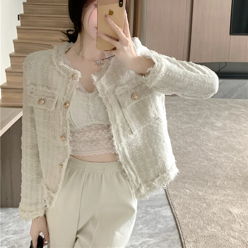 Women French Style Tweed Jacket 2026 Spring Autumn New Elegant Round Neck Long Sleeve Top Gold Button Cropped Cardigan Outerwear