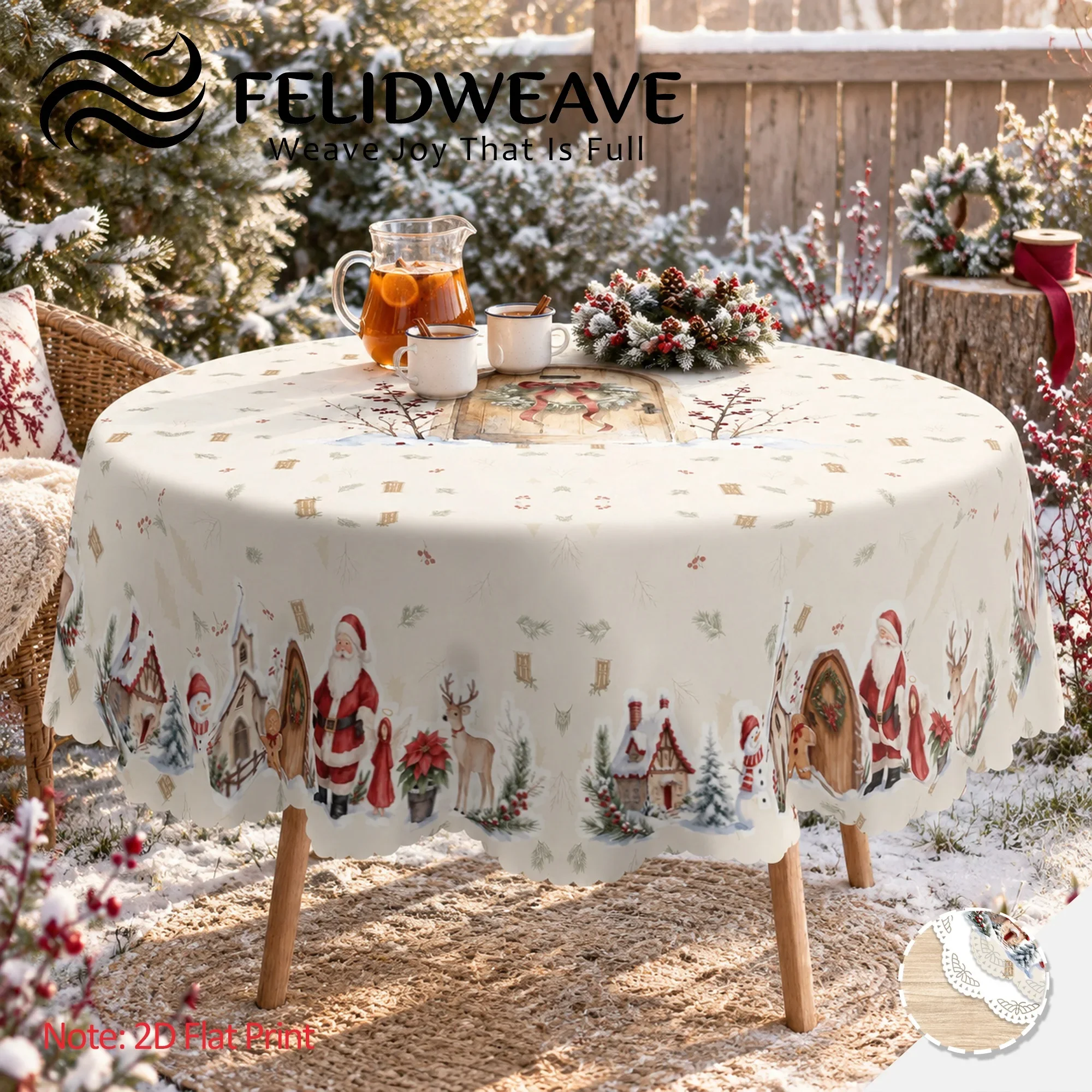 Vintage  country watercolor wind snowman reindeer gingerbread man beige red rectangular polyester tablecloth