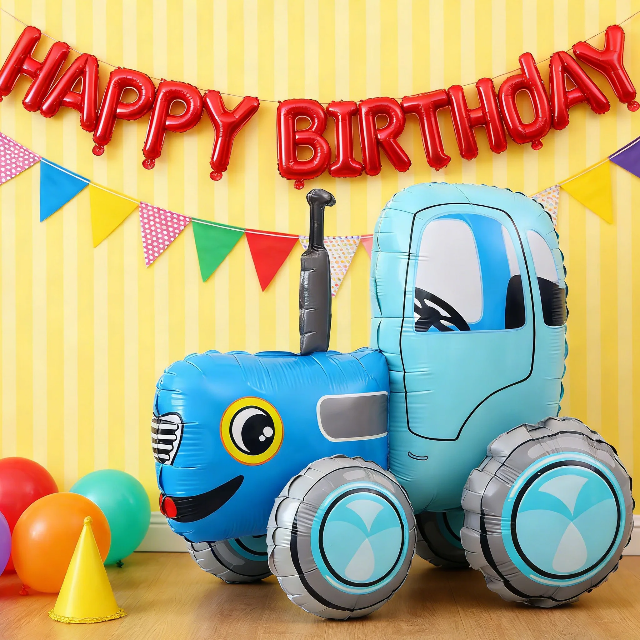 1 Assemble Button Design Blue Tractor Shaped Foil Balloon DIY Assembly for Farm Themed Birthday Party Atmosphere Decoration