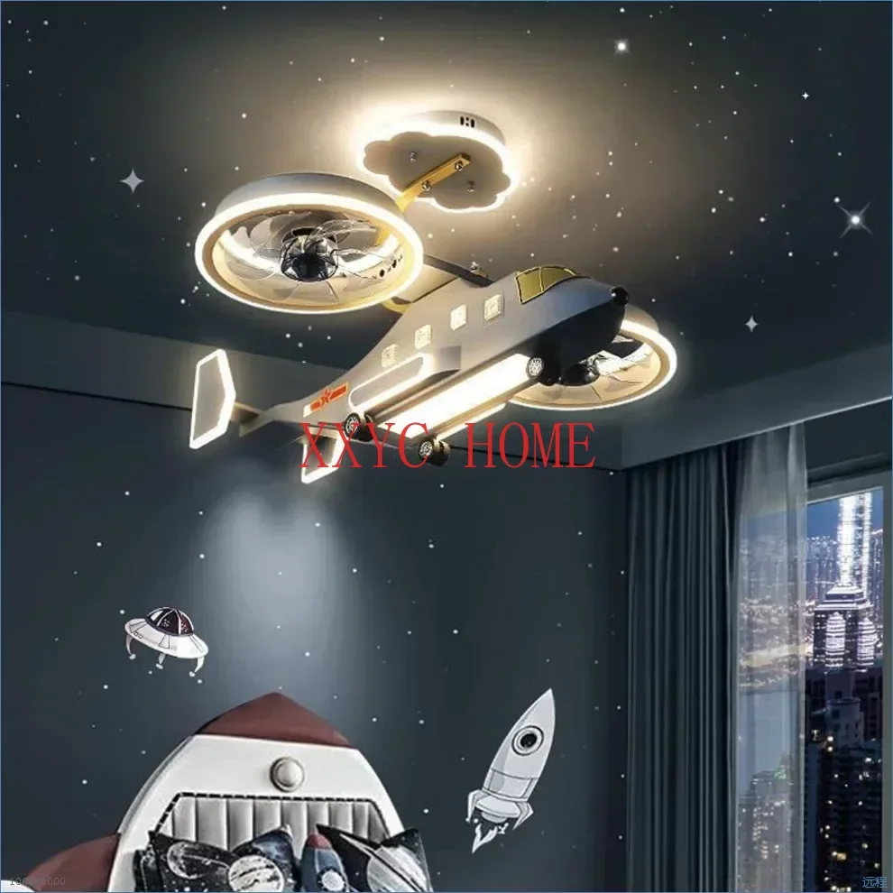 

Children's Aircraft Light Fan Lamp Remote Control Boys' Room Cartoon Fighter Model Boys' Bedroom Ceiling Light