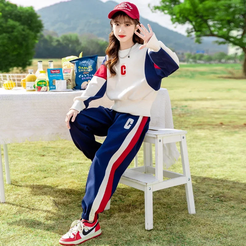 Autumn Teenage Girl Fashion Clothes Set Children's  Pullover Jacket Coat Top and Side Stripe Pant 2 Pieces Suit Letter Tracksuit