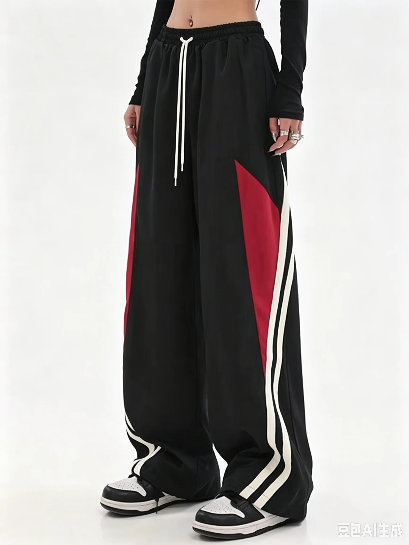 Unisex Quick Dry Hip Hop Straight Long Pants, Red White Color Block Striped Casual Streetwear Trousers Wide Leg Sport Pants