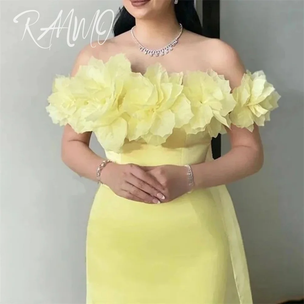 Ranmo 2025 أنيق أصفر فاتح بدون أكتاف فساتين لحضور الحفلات الموسيقية غمد زهرة الرقبة فستان سهرة ساتان طول الكاحل vestidos de fiesta