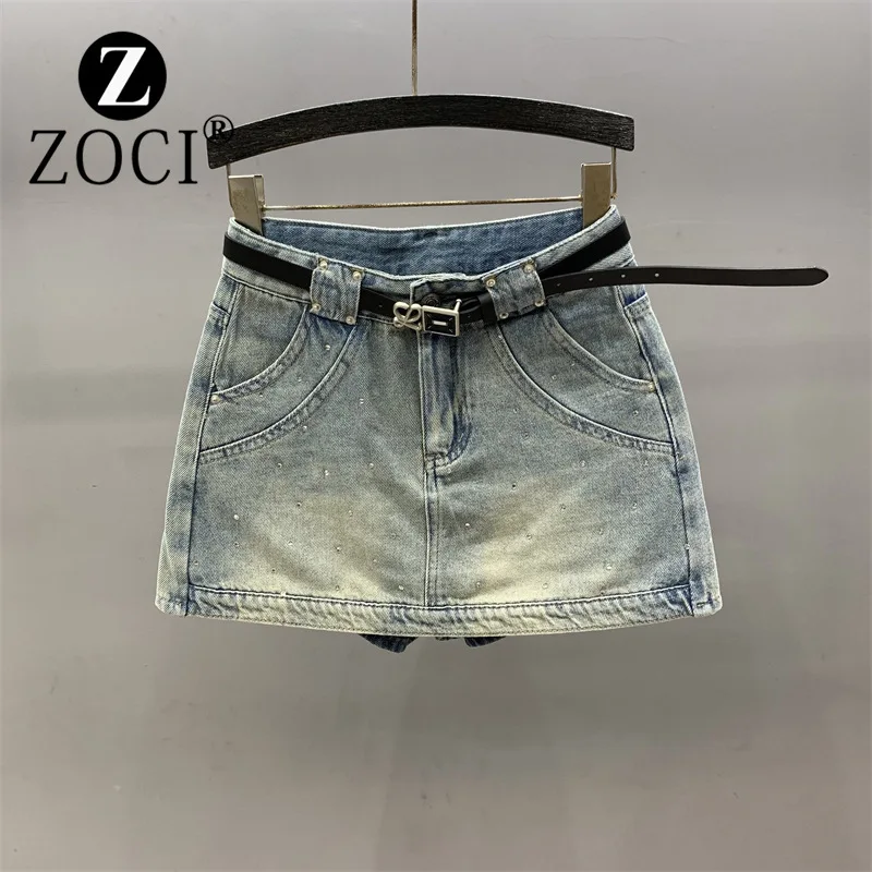 

[ZOCI] Light Colored Denim Shorts Skirt, 2024 New Style, Stylish Hot Stamping, Loose Fit, Slimming, High Waist, Wide Leg Pants,