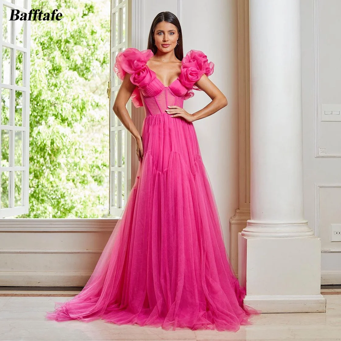 

Bafftafe Bright Fuchsia A Line Long Formal Prom Dresses for Women Ruffles Shoulder See Through Top Party Gowns Evening Dress