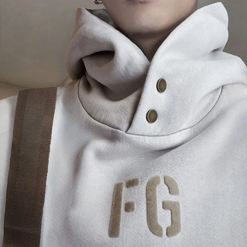FOG  Fleece Lined Hoodie Velvet Fabric Text Pattern Unisex Autumn Casual Loose Fit Sweatshirt Street Style