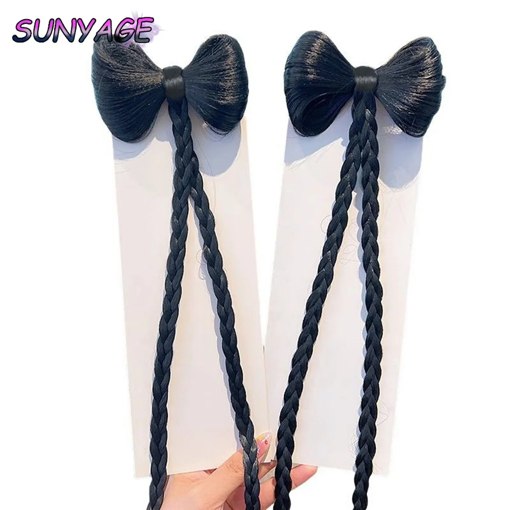 Sunyage peruca sintética massa frita torções trança clipe envoltório bola cabeça imitação trança dupla rabo de cavalo trança arco boxe trança