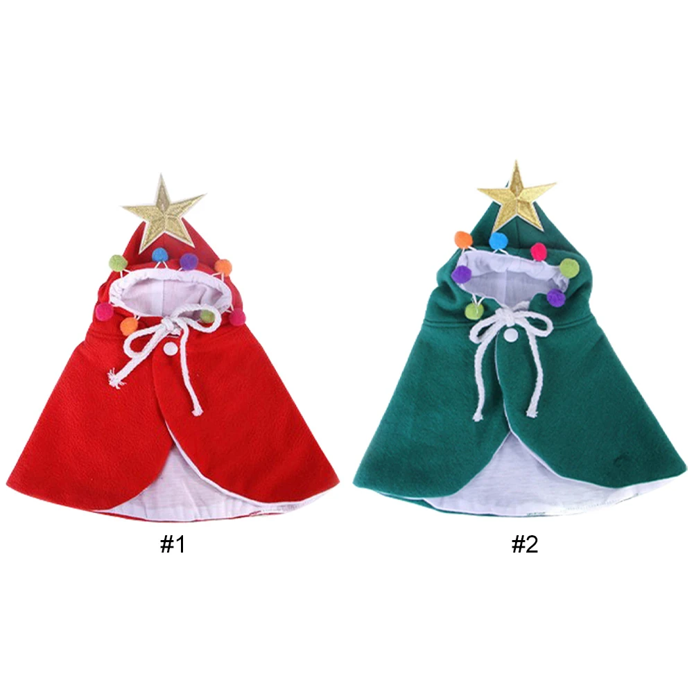 Kostum jubah kucing Natal, kostum pesta Cosplay dengan bintang dan pompom, pakaian gaun topi Santa untuk anjing kecil & kucing