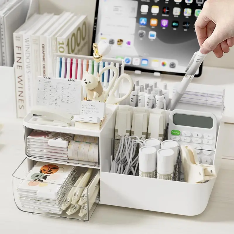 Large Capacity Multifunctional Desk Organizer with 2 Transparent Drawers, Desktop Office Supplies Storage Pen Holder for School view 2