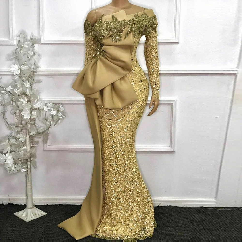 Gold Sequins Mermaid Mother Of Bride Dresses Full Sleeves Lace Applique Beading Wedding Evening Dress Customized فساتين السه