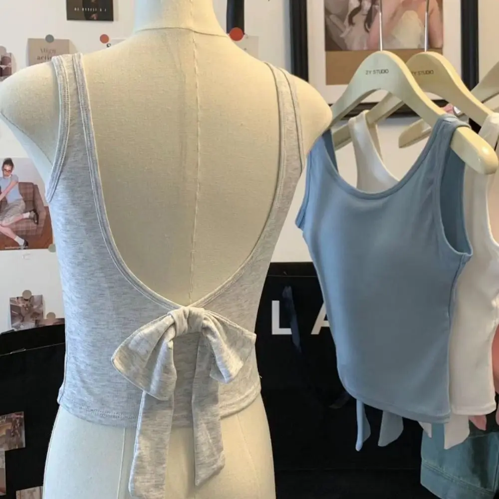 

Укороченный топ без рукавов с открытой спиной и бантом, уличная одежда, корейская майка с бантом, пляжная одежда, майки, майки с подушечками, летняя морская одежда