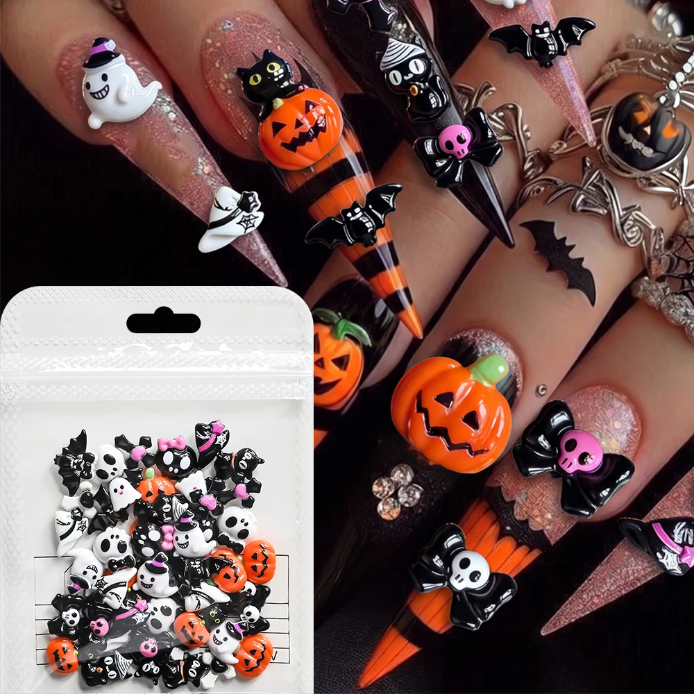 50Pcs Mixed 3D Halloween Resin Nail Charms Cute Spooky Ghost Skull Bow Bat Pumpkin Flatback Nail Decorations Festival Nail Suppl