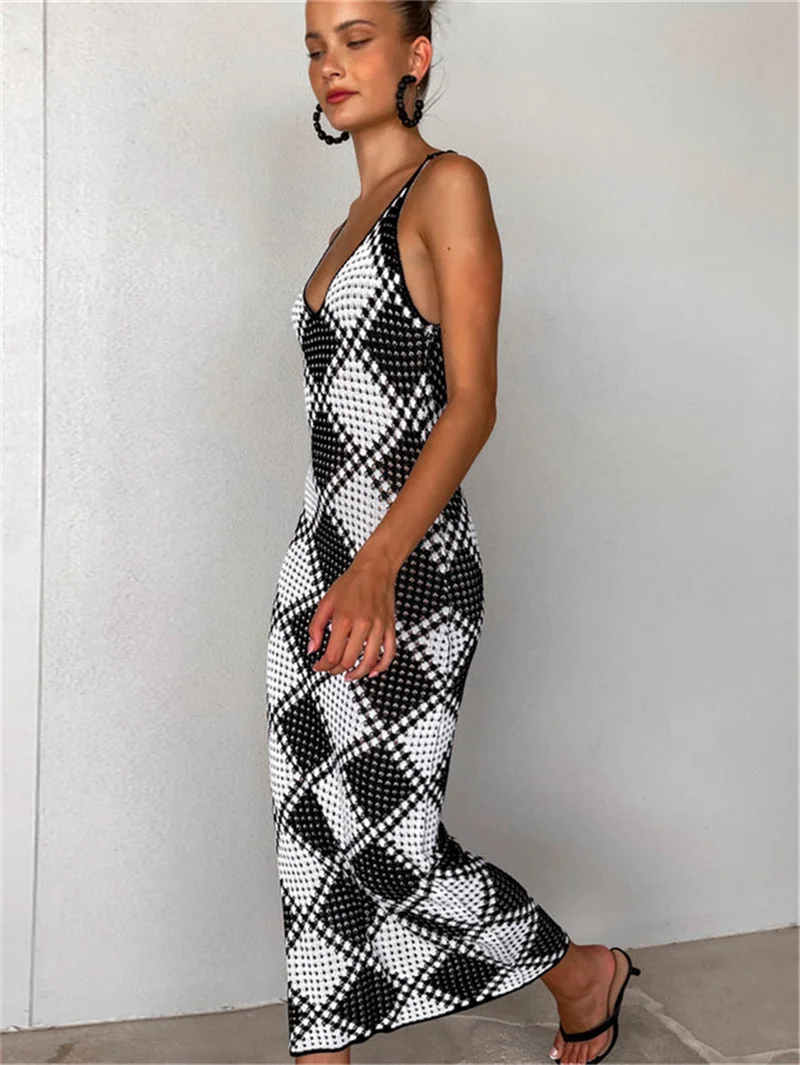 Letnia seksowna sukienka z odkrytymi plecami, bandażowa, w kratę, dzianinowa, damska narzutka na bikini szydełkowe, długi strój plażowy, damski strój kąpielowy, pareo